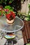 Round garden table with glass top and flower pot