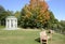 Round gazebo and wood park benches