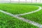 round goal line on green grass for sport soccer field with nobody for background