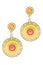 Round gold earrings inlaid with  gemstones on a white background