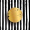 Round golden stamp vector illustration. Glittering metallic circle on striped black background. Shining grunge element