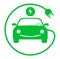 Round green electric car with charging cable symbol