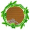 Round green leaves banner template with a sloth cartoon character