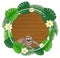 Round green monstera leaves banner template with a sloth cartoon character