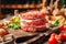 Round ground beef portioned beef patties made from beef mince prepared for on a platter.Hamburger meat seasoned and ready for a