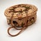 Round handmade woven basket with leather handles