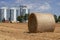 Round Hay Bales on the Field After Harvest Against Grain Silos