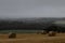 Round hay bales in a field with rain clouds over head