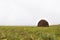 Round haystack on a sloping green field in cloudy weather