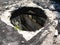 round hole in roof of the old building. Abandoned industrial bui