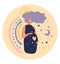 Round icon of cute pregnant young mommy with heart symbol, rainbow and sun, harmonious concept of pregnancy, planning