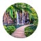 Round icon of nature with landscape. Captivating morning view of Plitvice National Park. Colorful spring scene of green forest wit