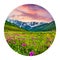 Round icon of nature with landscape. Fabulous summer sunrise in the Caucasus mountains, main Caucasus ridge, Ushguli village locat
