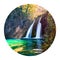 Round icon of nature with landscape. Perfect morning view of pure water waterfall in Plitvice National Park. Stunning autumn scene