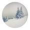Round icon of nature with landscape. Retro style winter view of Carpathian mountains. Foggy outdoor scene in the mountain valley.