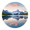 Round icon of nature with landscape. Wetterhorn and Wellhorn peaks reflected in water surface of Bachsee lake, Oberland Alps, Grin