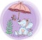 Round illustration with cute elephant with funny umbrella and butterfly
