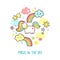 Round illustration with cute kawaii unicorn, rainbow, smiling clouds and stars