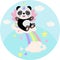 Round illustration with unicorn panda on rainbow with clouds