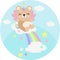 Round illustration with unicorn teddy bear on rainbow with clouds