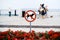 Round information sign prohibiting walking of dogs against the background of the embankment and walking people. Unrecognizable