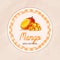 Round label or sticker design in vintage style with mango illustration. Natural mango. For natural or organic fruit products and