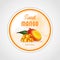 Round label or sticker design in vintage style with mango illustration. Sweet natural mango. For natural or organic fruit products