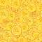 Round lemon slices seamless watercolor pattern. Pieces of ripe juicy fruit. Exotic citrus with sour pulp, zest, seeds