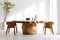 Round live edge dining table. Interior design of modern minimalist dining room. Created with generative AI
