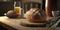 A round loaf of white bread on a wooden table in the kitchen in the morning, close -up. Rustic style, breakfast concept. Image is