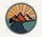 Round logo in retro style. Mountains, forest and road on the background of the sunset. Club emblem or tourist sticker Landscape