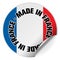 Round Made in France sticker or badge with italian flag, one side curled up