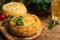 Round meat pie with vegetables