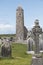 Round medieval tower still standing at Clonmacnoise