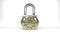 Round, metal padlock isolated on the white background, yellow lock body, shiny metal and chrome, keyless, with nine digit, opened.