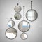 Round mirrors hanging on the wall reflecting interior design scene, modern stylish empty room with panoramic windows, modern