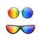 Round multicolor sunglasses 3D set. Summer sunglass shade isolated white background. Color sun glass. Realistic design