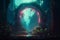 Round mystical pandora portal in jungle. Neon color futuristic portal in forest. Futuristic fantasy concept