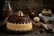round napoleon cake decorated with cream, chocolate and caramel