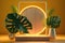 Round neon frame on a wooden podium on a yellow background with tropical leaves. Generative AI
