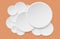 Round offer paper sticker or badges, white banners set. Circle buttons. Vector label tag on orange squared background.