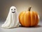 Round orange Halloween pumpkin and white scary ghost, Generative AI, generative artificial intelligence
