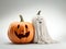 Round orange Halloween pumpkin and white scary ghost, Generative AI, generative artificial intelligence