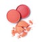 Round orange and red crashed eyeshadows for makeup as sample of cosmetics product