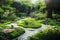 round path in garden with bright flower beds.