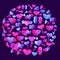 In a Round pattern with blue, pink watercolor hearts. arrow, lips, people romantic design. Isolated on violet background