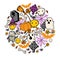 Round pattern for Halloween in cartoon style. round bright doodle template with ghosts, mummies, skulls, cobwebs and bats,