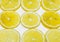 Round pieces of lemons evenly laid out on a white background