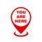Round pin map marker pointer sign, GPS location flat symbol with text You are here â€“ vector