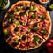 Round pizza with cheese, ham, blueberries, broccoli, spices.Around decorations with vegetables and spices. Top view